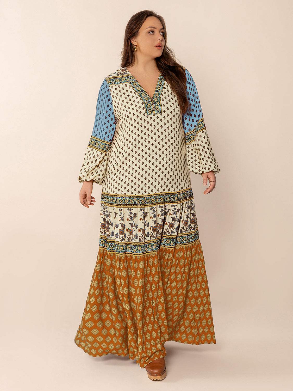 Plus Size Printed V-Neck Balloon Sleeve Maxi Dress - Trendsi - Flyclothing LLC