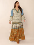 Plus Size Printed V-Neck Balloon Sleeve Maxi Dress - Trendsi
