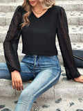 Full Size V-Neck Swiss Dot Long Sleeve Blouse - Trendsi - Flyclothing LLC