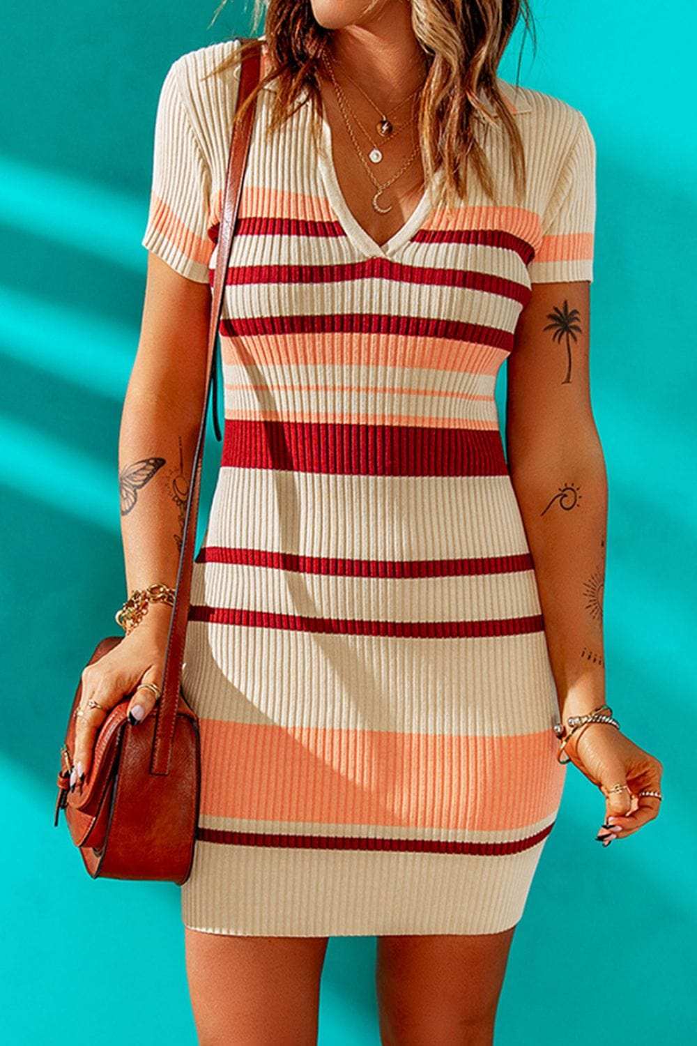 Contrast Striped Johnny Collar Short Sleeve Mini Dress - Trendsi - Flyclothing LLC