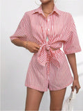 Striped Button Up Shirt and Shorts Set - Trendsi