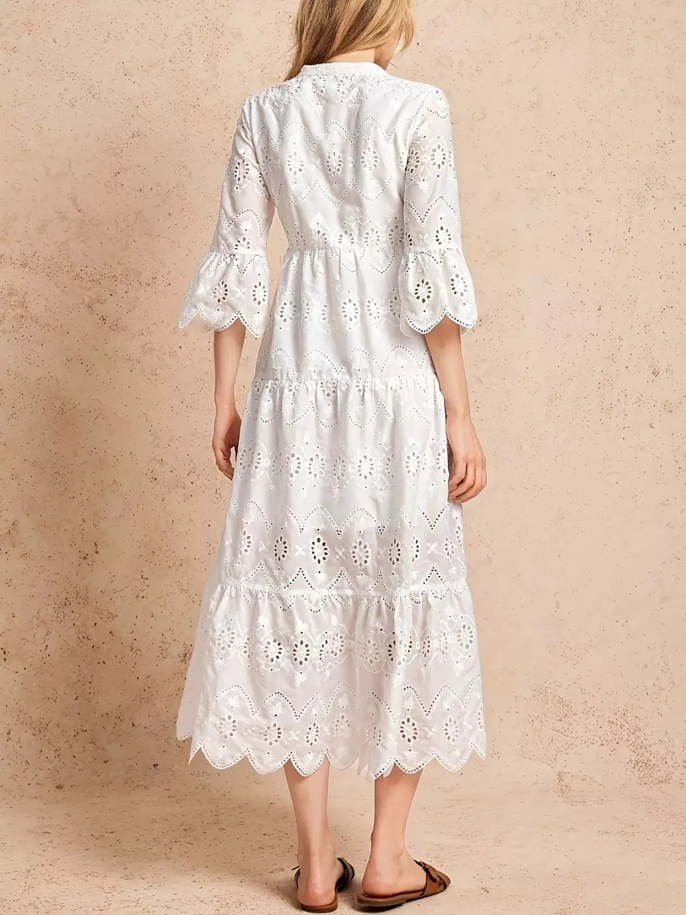 Eyelet Notched Tiered Midi Dress - Trendsi - Flyclothing LLC