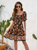 Printed Square Neck Short Sleeve Dress - Trendsi - Flyclothing LLC