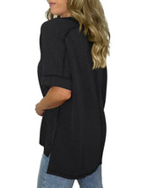 Cord Ribbed V-Neck Short Sleeve T-Shirt - Trendsi - Flyclothing LLC