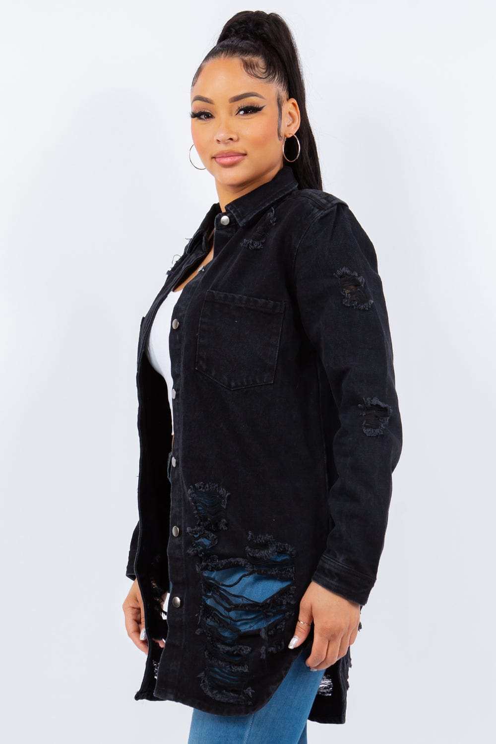 American Bazi Distressed Button Up Long Sleeve Denim Jacket - Trendsi - Flyclothing LLC