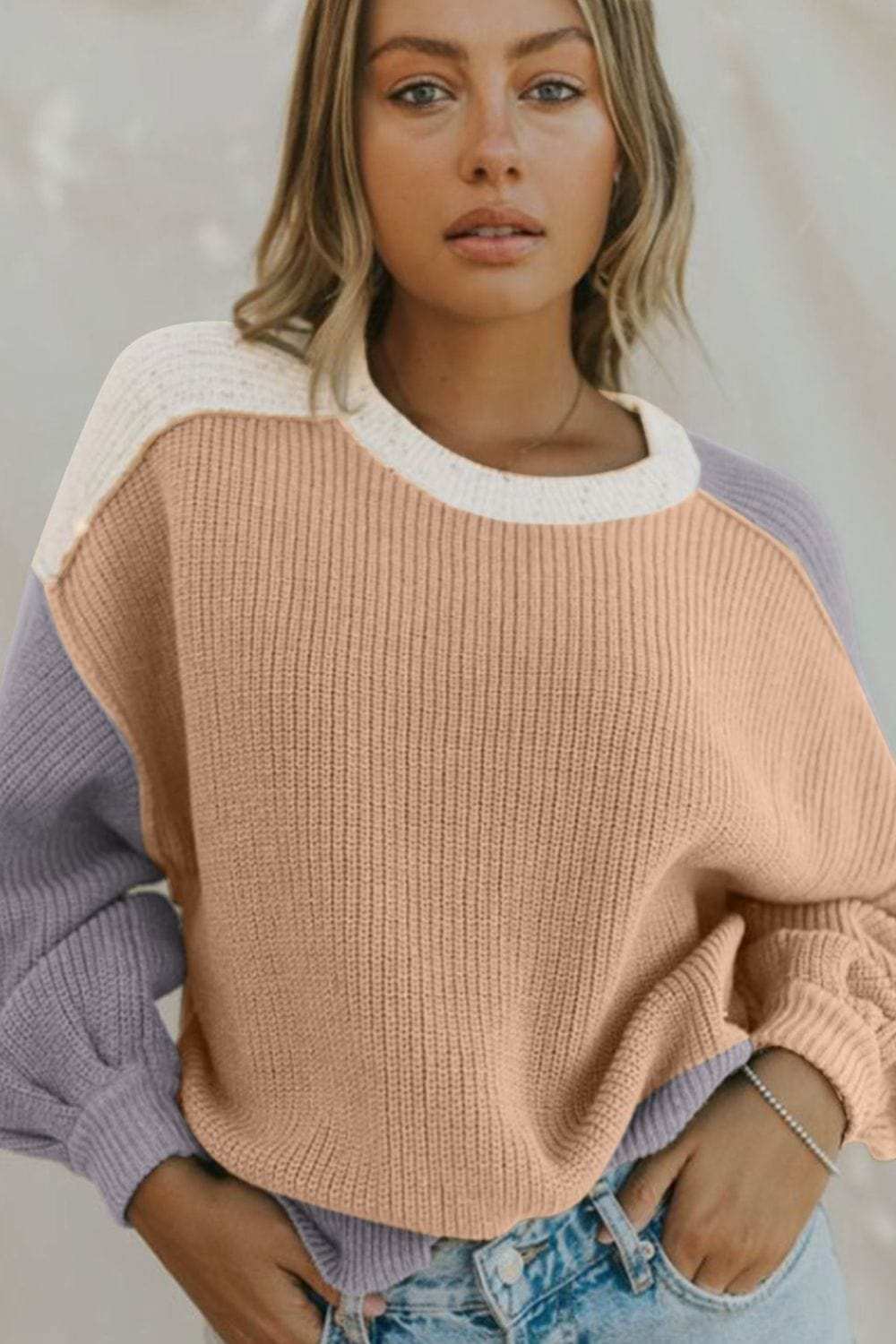 Color Block Round Neck Drop Shoulder Sweater - Trendsi - Flyclothing LLC