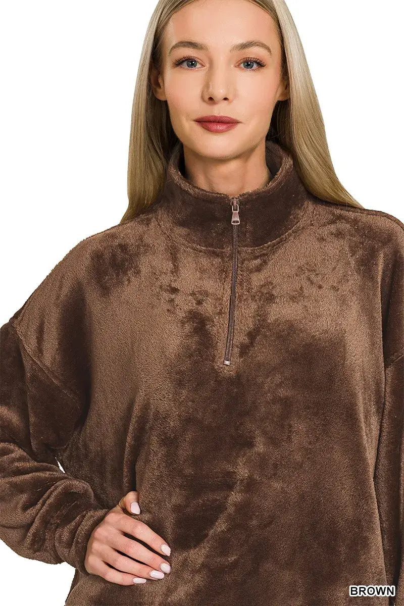 Zenana Faux Fur Half Zip Pocket Pullover - Trendsi - Flyclothing LLC