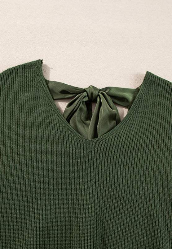 Tied Back V-Neck Long Sleeve Sweater - Trendsi - Flyclothing LLC