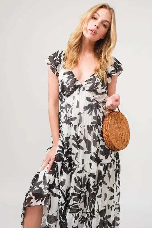 And The Why Ruffled Sleeve Tiered Floral Print Maxi Dress - Trendsi - Flyclothing LLC