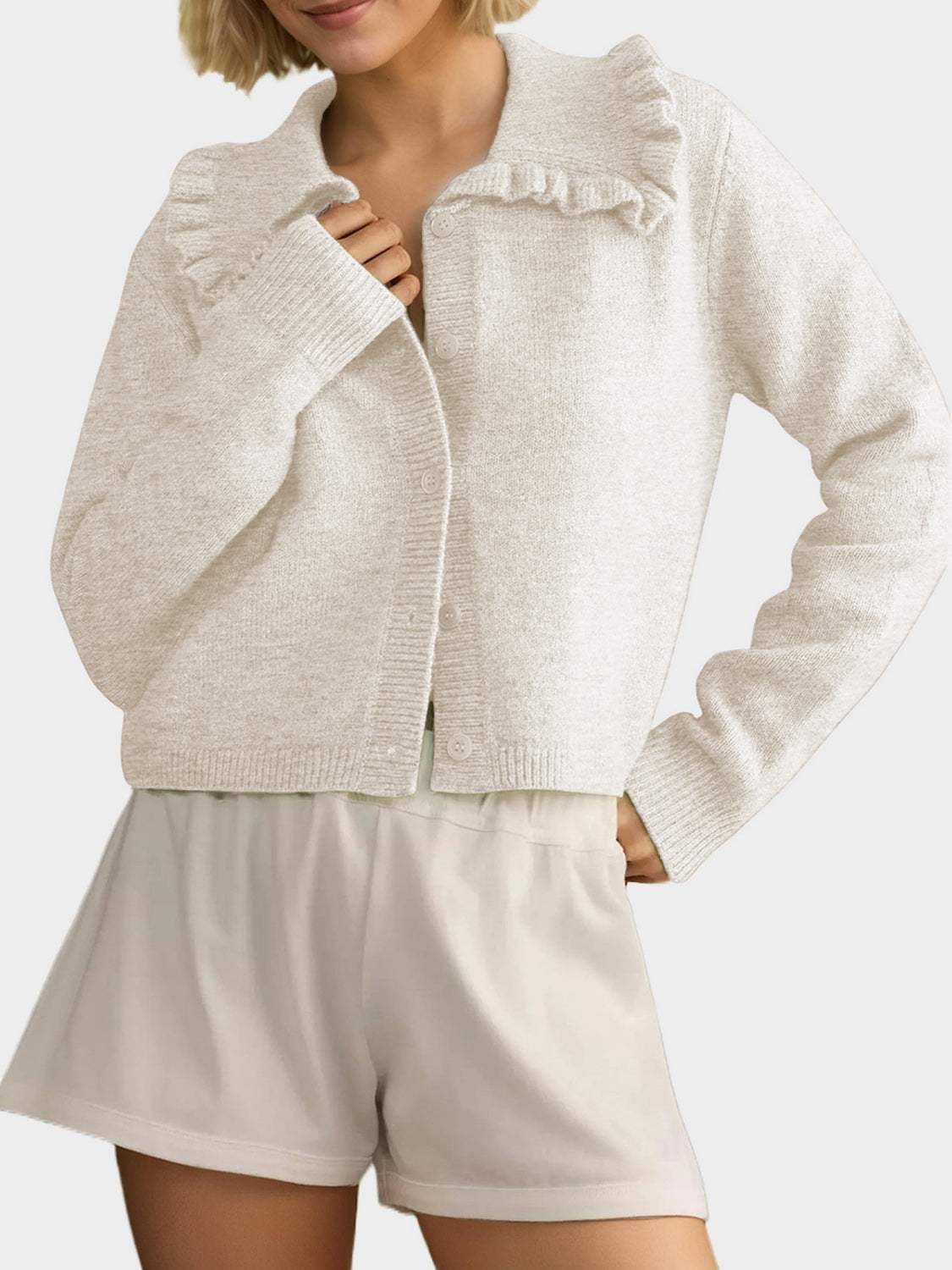 Frill Button Up Collared Neck Long Sleeve Cardigan - Trendsi - Flyclothing LLC