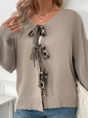 Perfee Tied Contrast Heart V-Neck Long Sleeve Cardigan - Trendsi