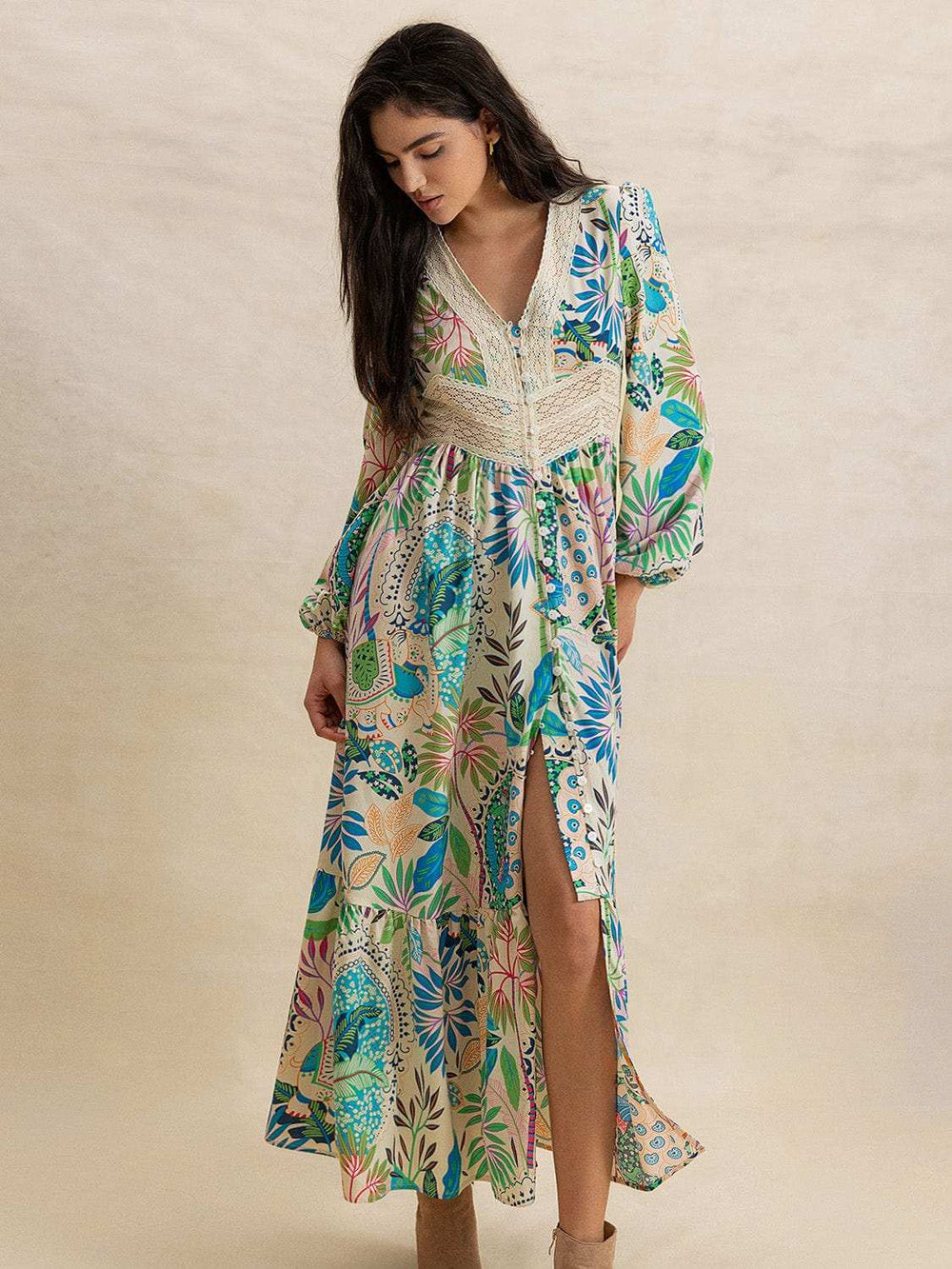Slit Printed V-Neck Long Sleeve Midi Dress - Trendsi - Flyclothing LLC