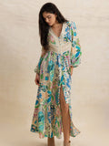 Slit Printed V-Neck Long Sleeve Midi Dress - Trendsi