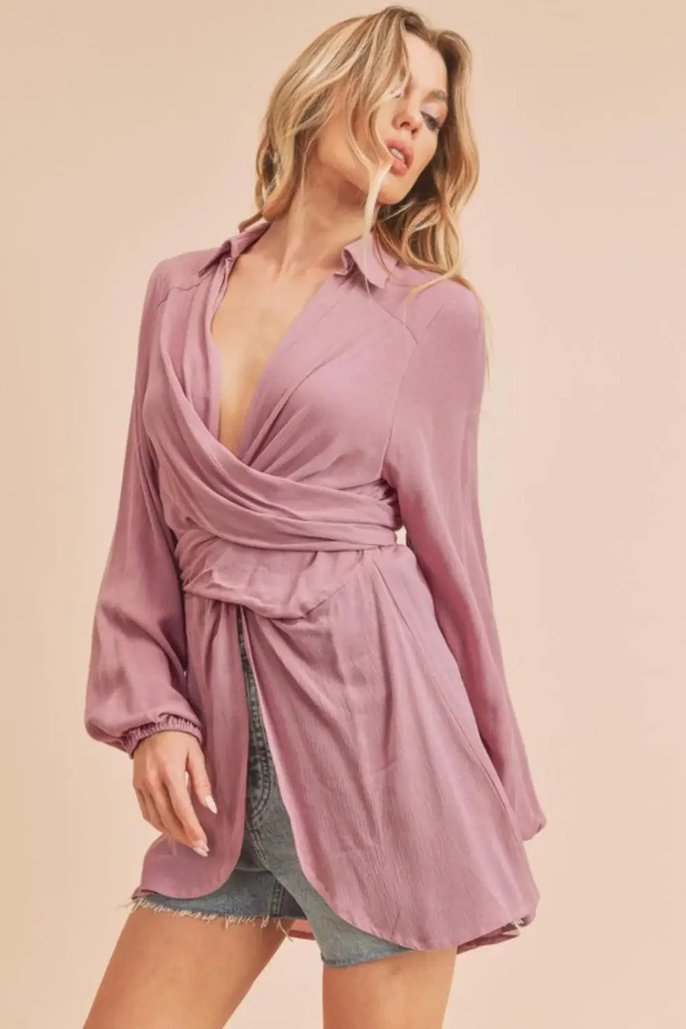 Aemi + Co Tied Collared Neck Long Sleeve Top - Trendsi - Flyclothing LLC