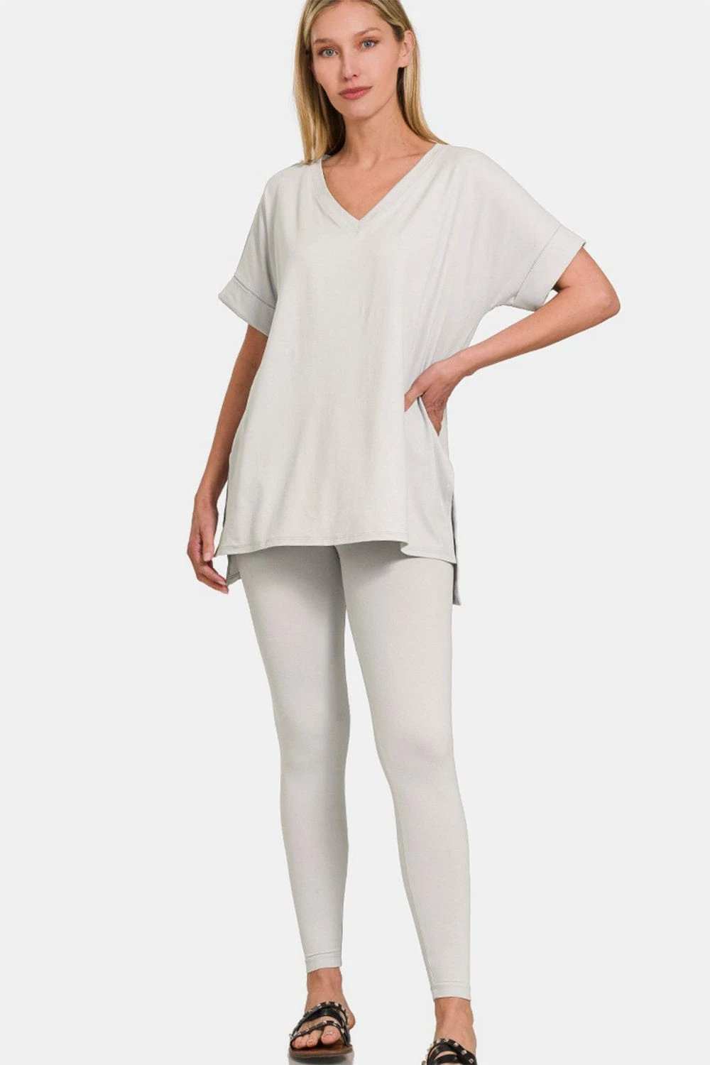 Zenana V-Neck Rolled Short Sleeve T-Shirt and Leggings Lounge Set - Trendsi - Flyclothing LLC