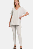 Zenana V-Neck Rolled Short Sleeve T-Shirt and Leggings Lounge Set - Trendsi - Flyclothing LLC