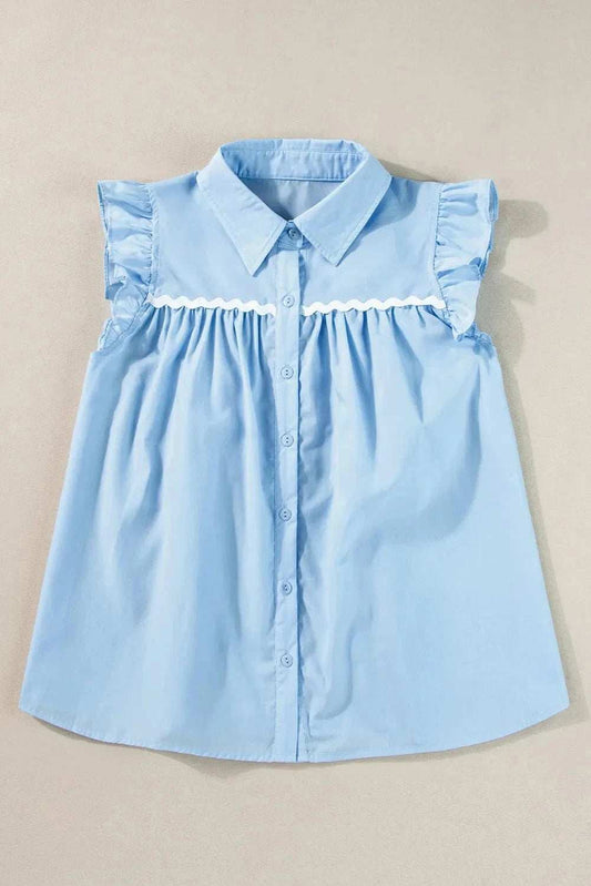 Ruffled Collared Neck Cap Sleeve Shirt - Trendsi - Flyclothing LLC