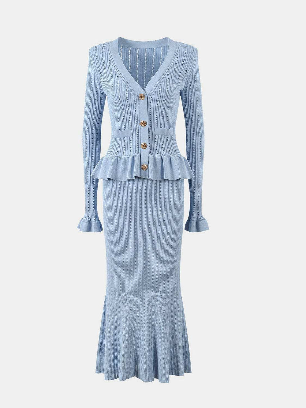 Ruffled V-Neck Top and Midi Skirt Sweater Set - Trendsi - Flyclothing LLC