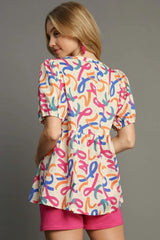 Umgee Full Size Mixed Print Puff Sleeve Babydoll Blouse Plus Size - Trendsi - Flyclothing LLC