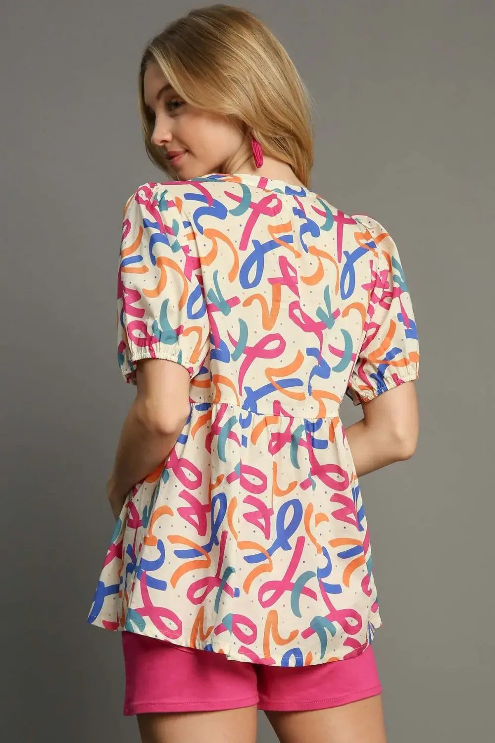 Umgee Full Size Mixed Print Puff Sleeve Babydoll Blouse Plus Size - Trendsi - Flyclothing LLC