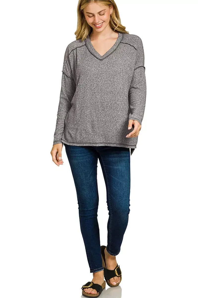 Zenana Soft Melange Hacci Exposed Seam Hi-low Tee - Trendsi - Flyclothing LLC