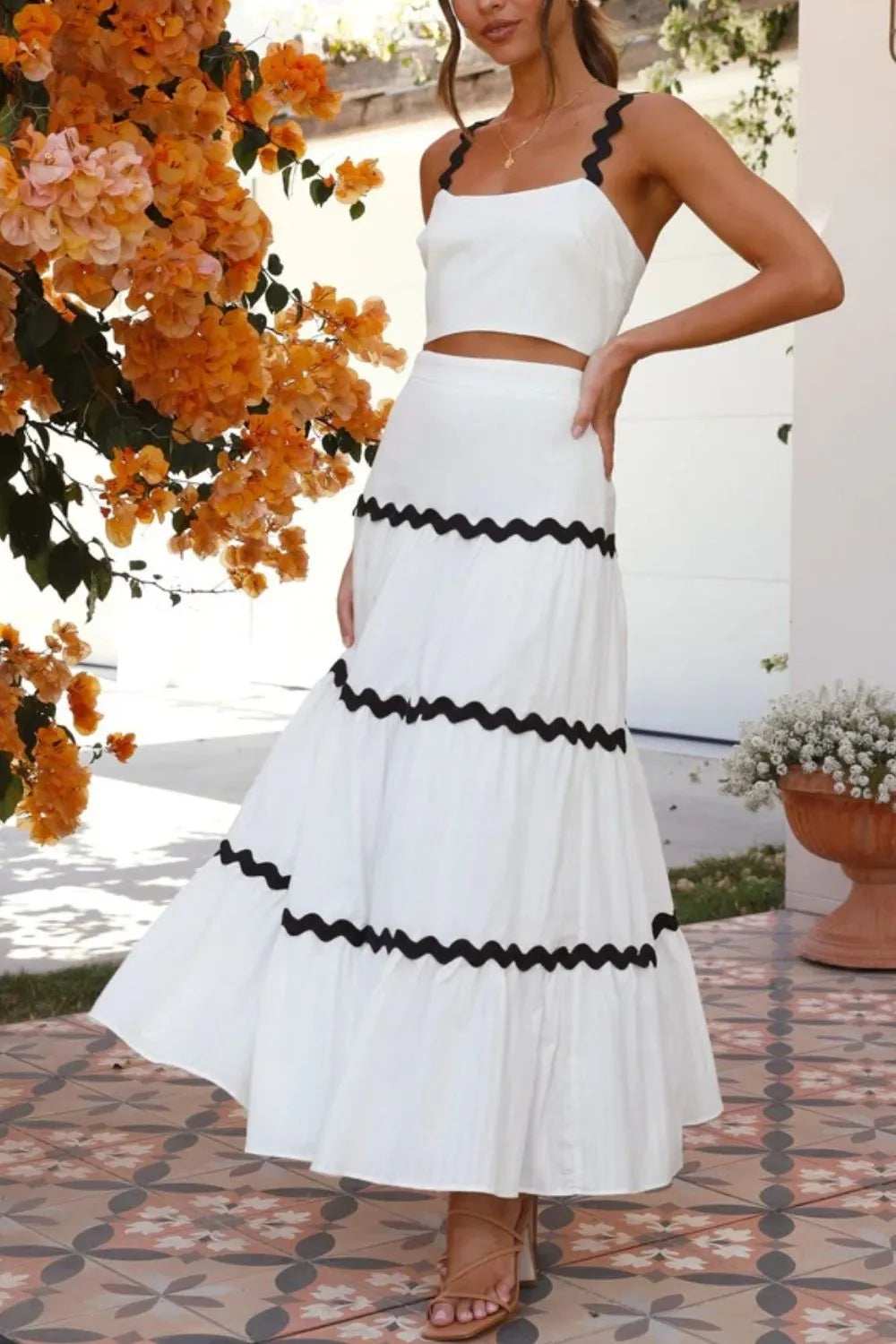 Contrast Trim Cami and Skirt Set - Trendsi - Flyclothing LLC