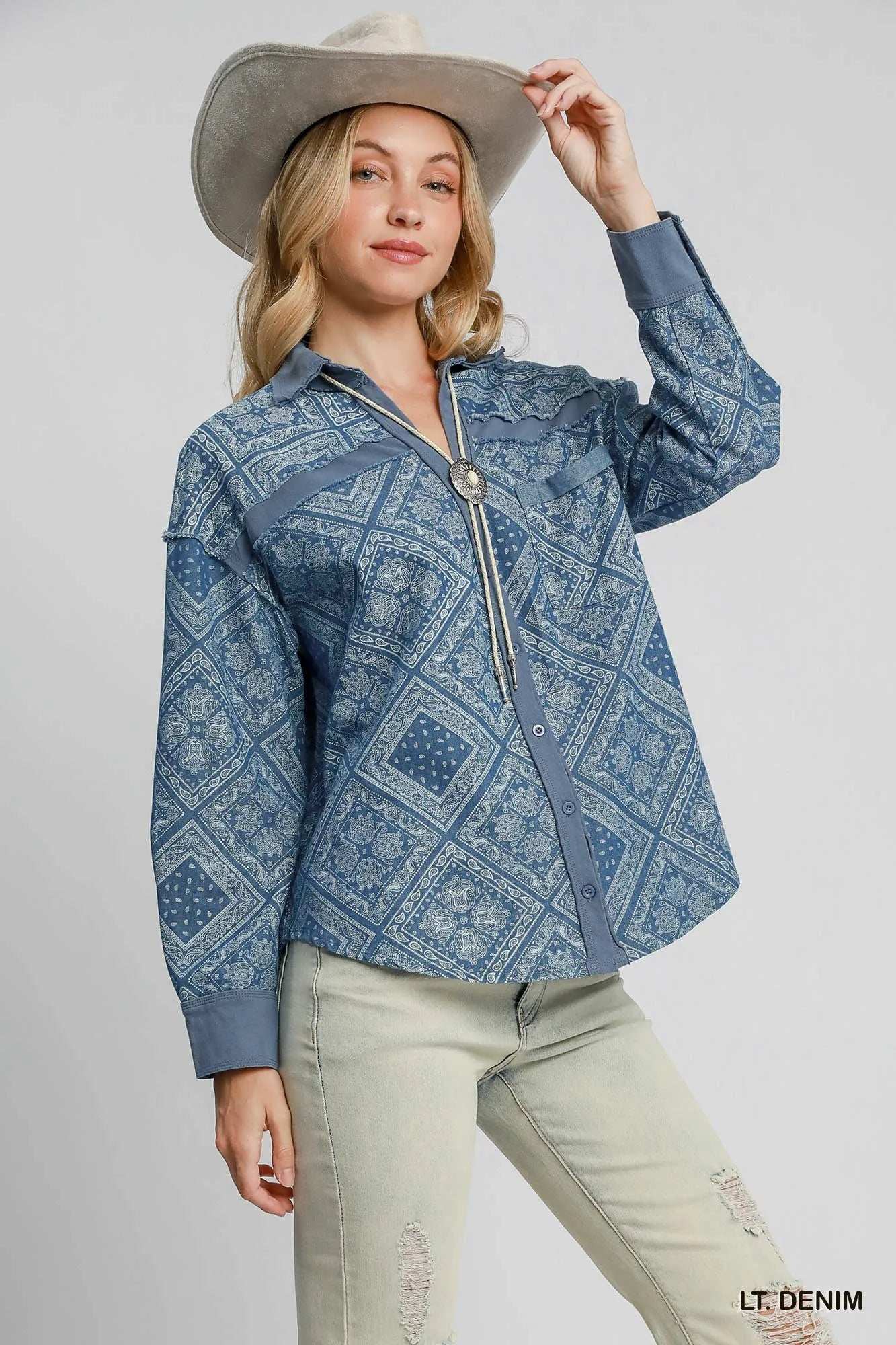 Umgee Paisley Print Denim Shirt Jacket - Trendsi - Flyclothing LLC