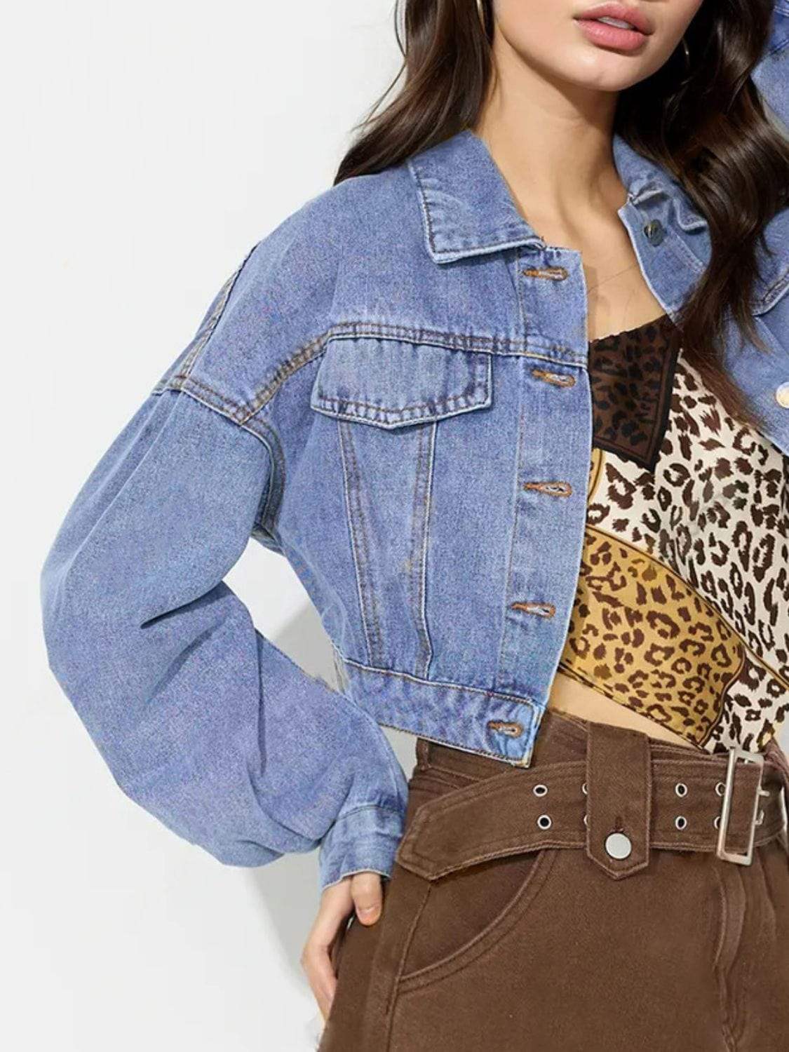 Collared Neck Dropped Shoulder Cropped Denim Top - Trendsi - Flyclothing LLC