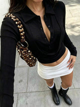Button Detail Long Sleeve Crop T-Shirt - Trendsi - Flyclothing LLC