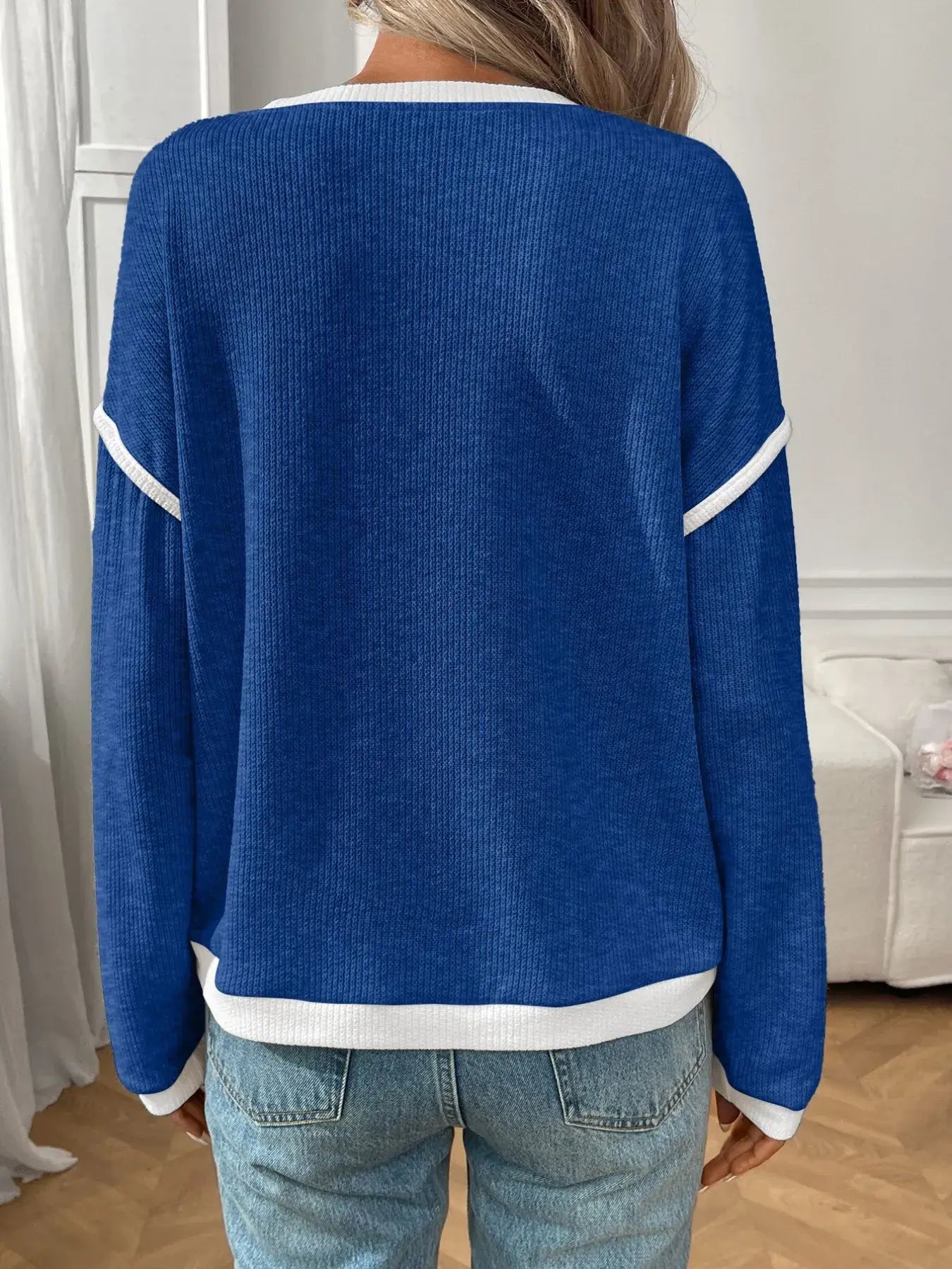 Ribbed Contrast Trim Long Sleeve Top - Trendsi - Flyclothing LLC