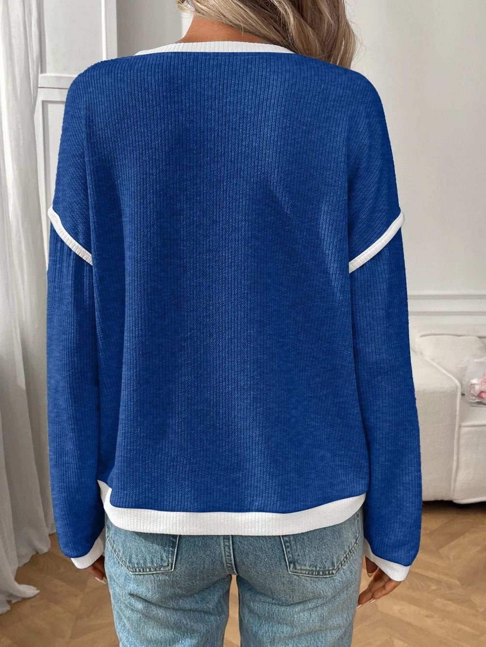 Ribbed Contrast Trim Long Sleeve Top - Trendsi - Flyclothing LLC