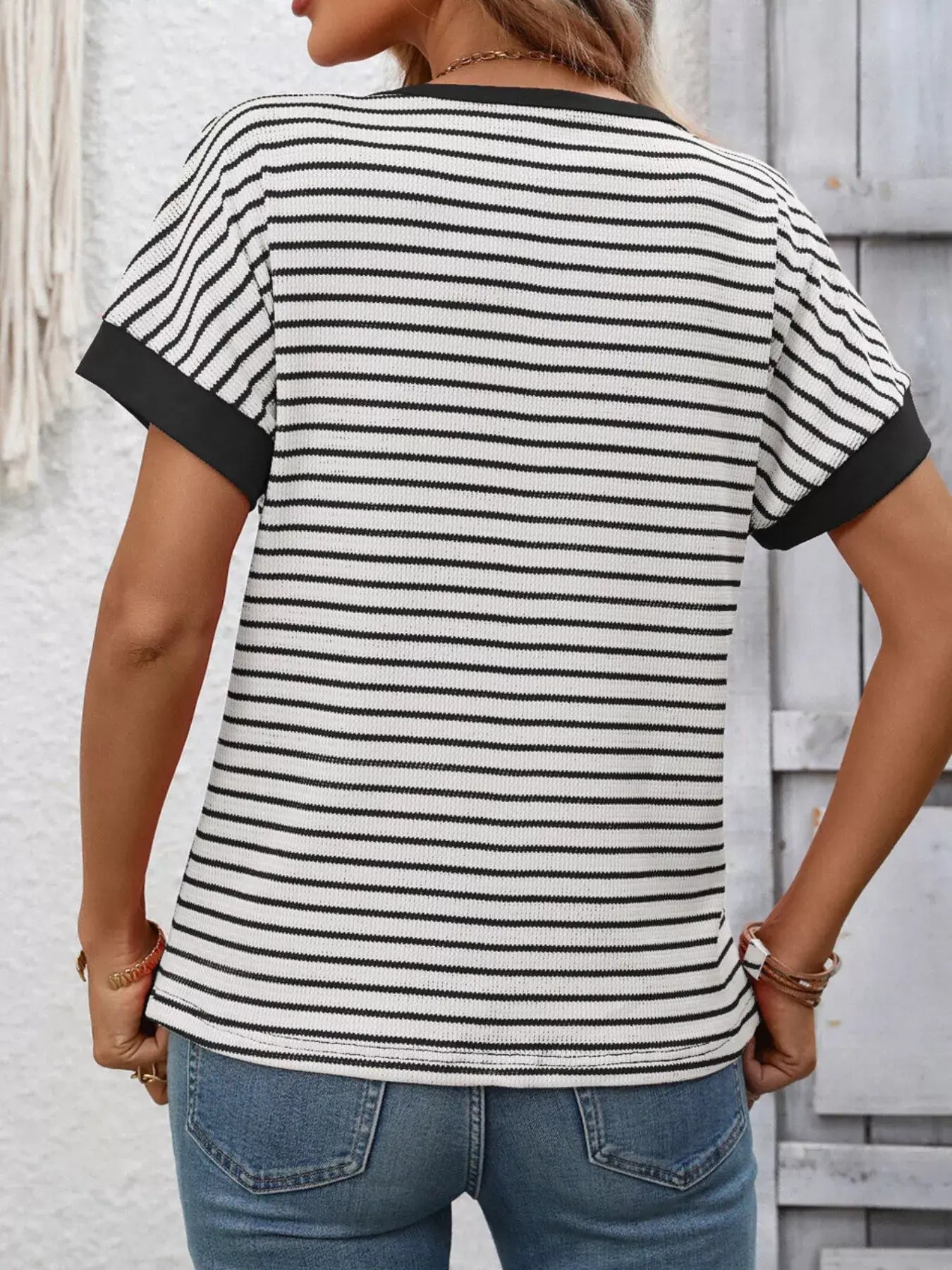 Striped Ribbed Knit Short Sleeve T-Shirt - Trendsi - Flyclothing LLC