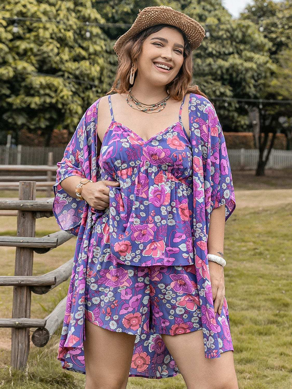 Plus Size Printed Cami, Open Front Cover Up and Shorts Set - Trendsi - Flyclothing LLC