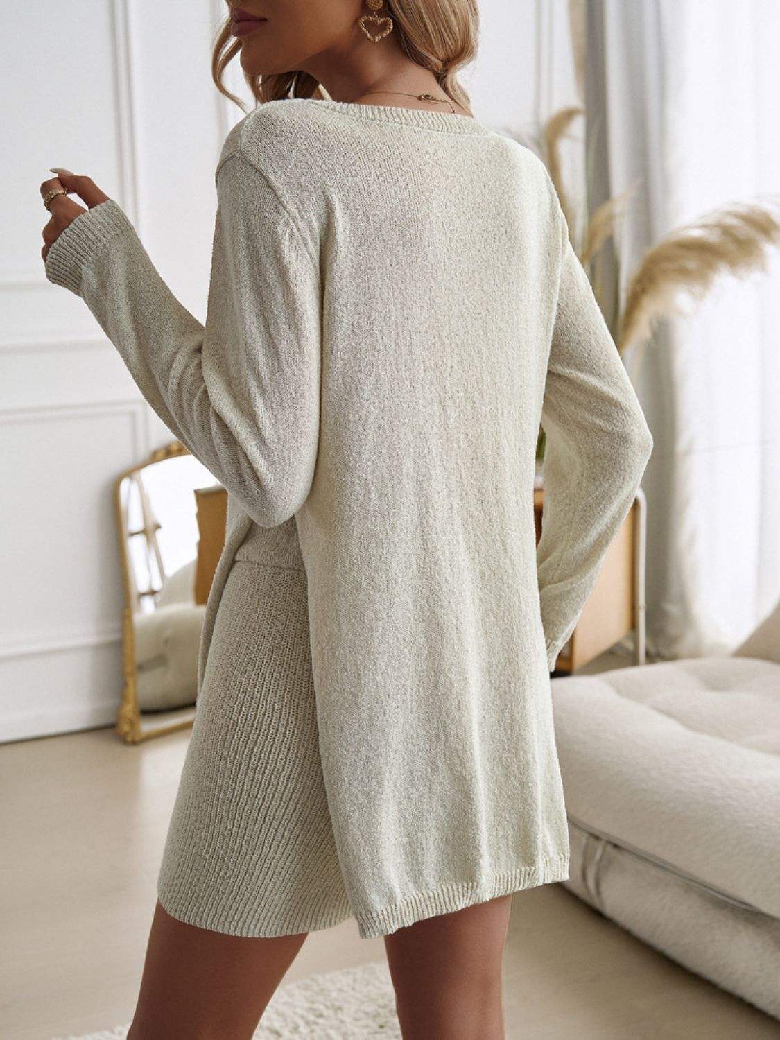 Devine Slit Round Neck Top and Shorts Sweater Set - Trendsi - Flyclothing LLC