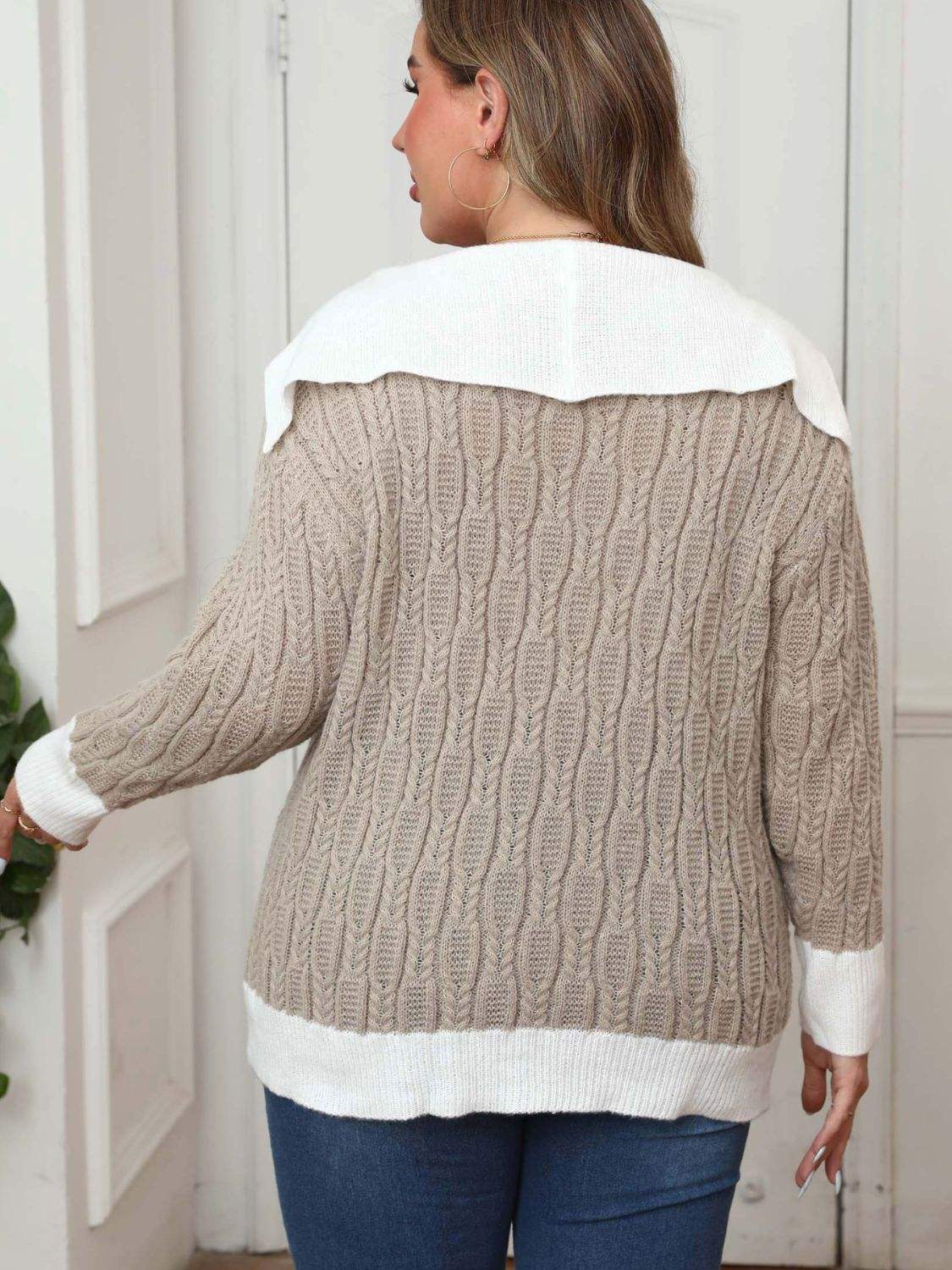 Plus Size Contrast Trim Collared Neck Sweater - Trendsi - Flyclothing LLC