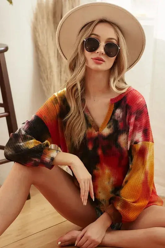 BiBi Tie Dye Brushed Waffle Top With Bubble Sleeves - Trendsi - Flyclothing LLC