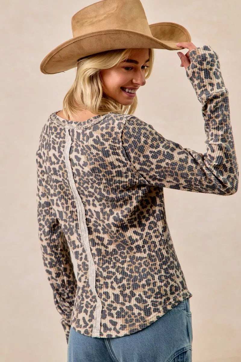BiBi Leopard Print Washed Waffle Thermal Top with Thumb - Trendsi - Flyclothing LLC