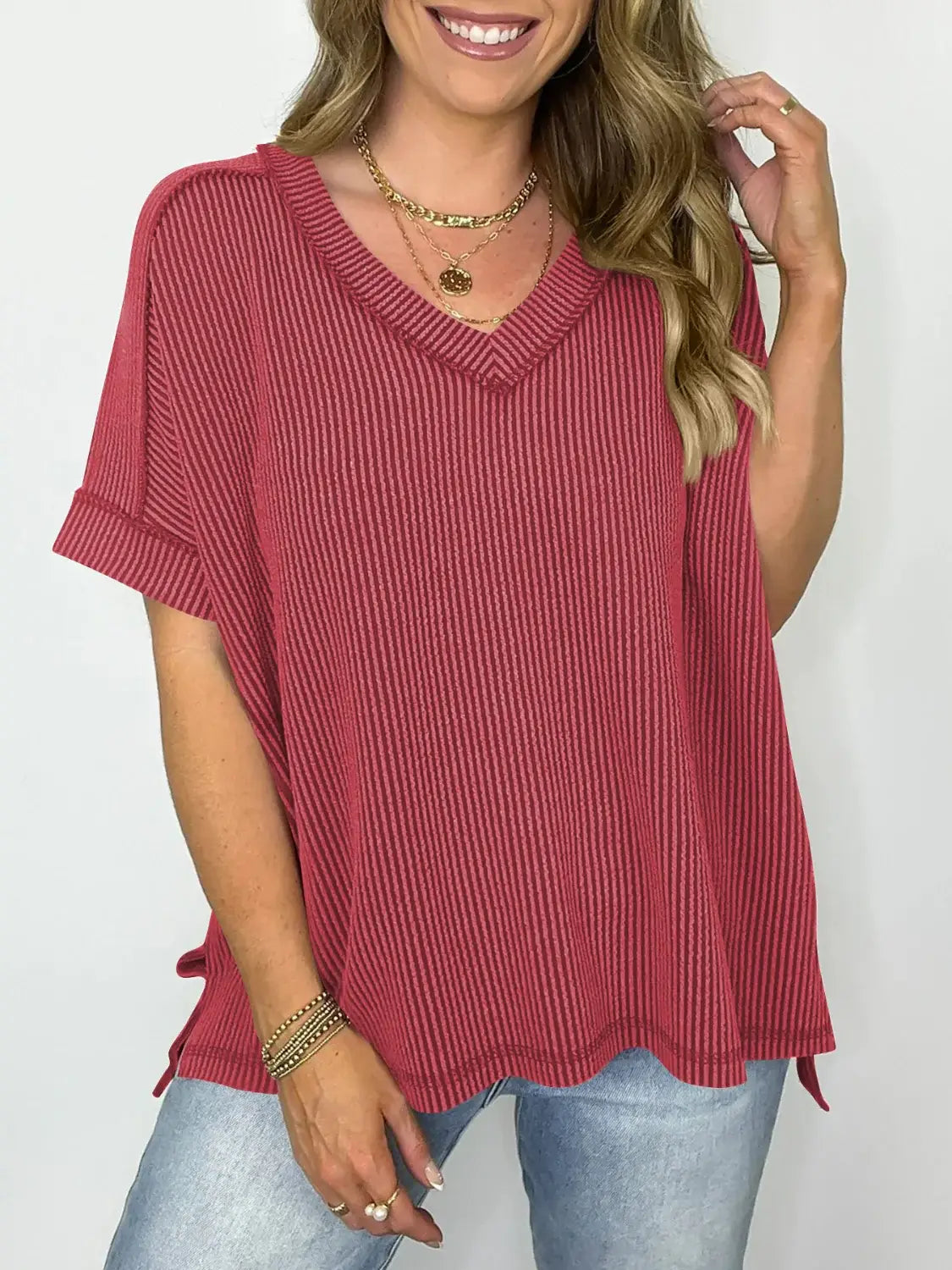 Cord Ribbed V-Neck Short Sleeve T-Shirt - Trendsi - Flyclothing LLC
