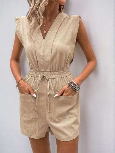 Perfee Drawstring V-Neck Sleeveless Romper - Trendsi - Flyclothing LLC