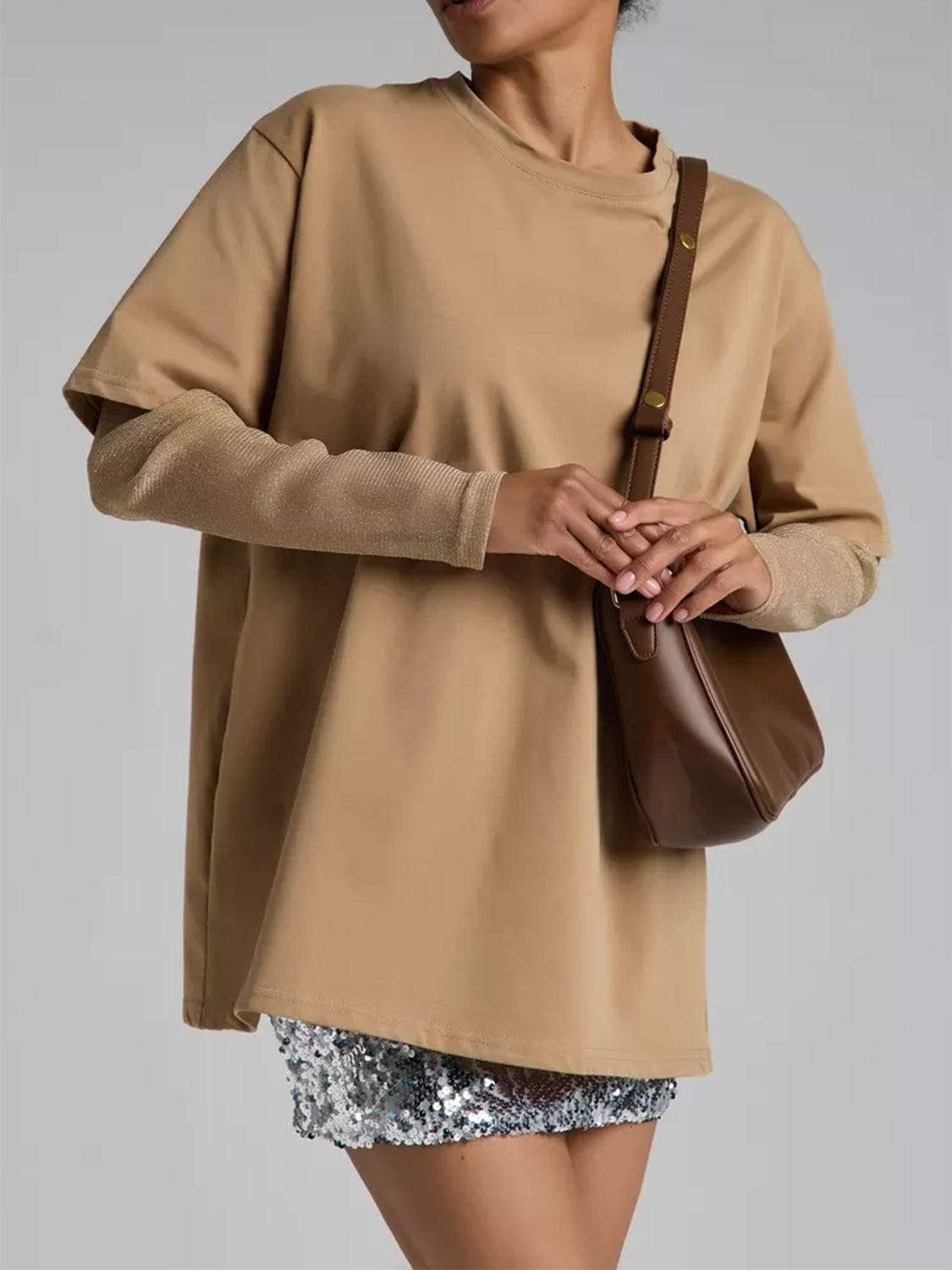 Faux Layered Round Neck Mesh Sleeve Top - Trendsi - Flyclothing LLC