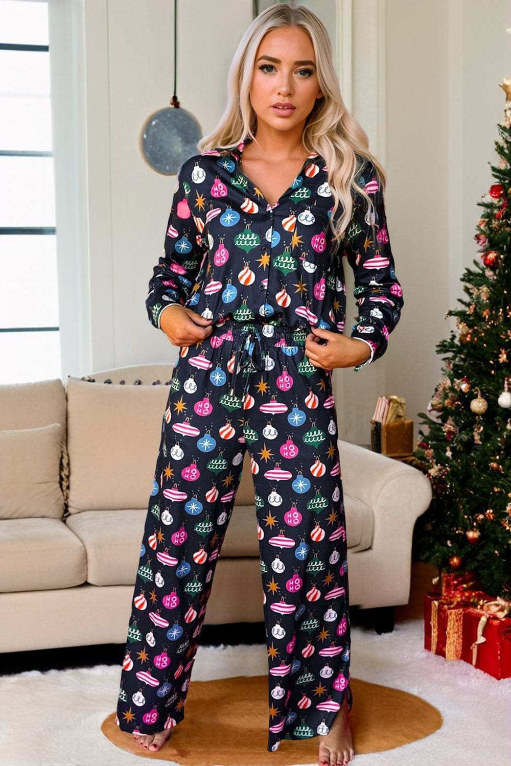 Christmas Lights Print Collared Neck Top and Pants Set - Trendsi - Flyclothing LLC