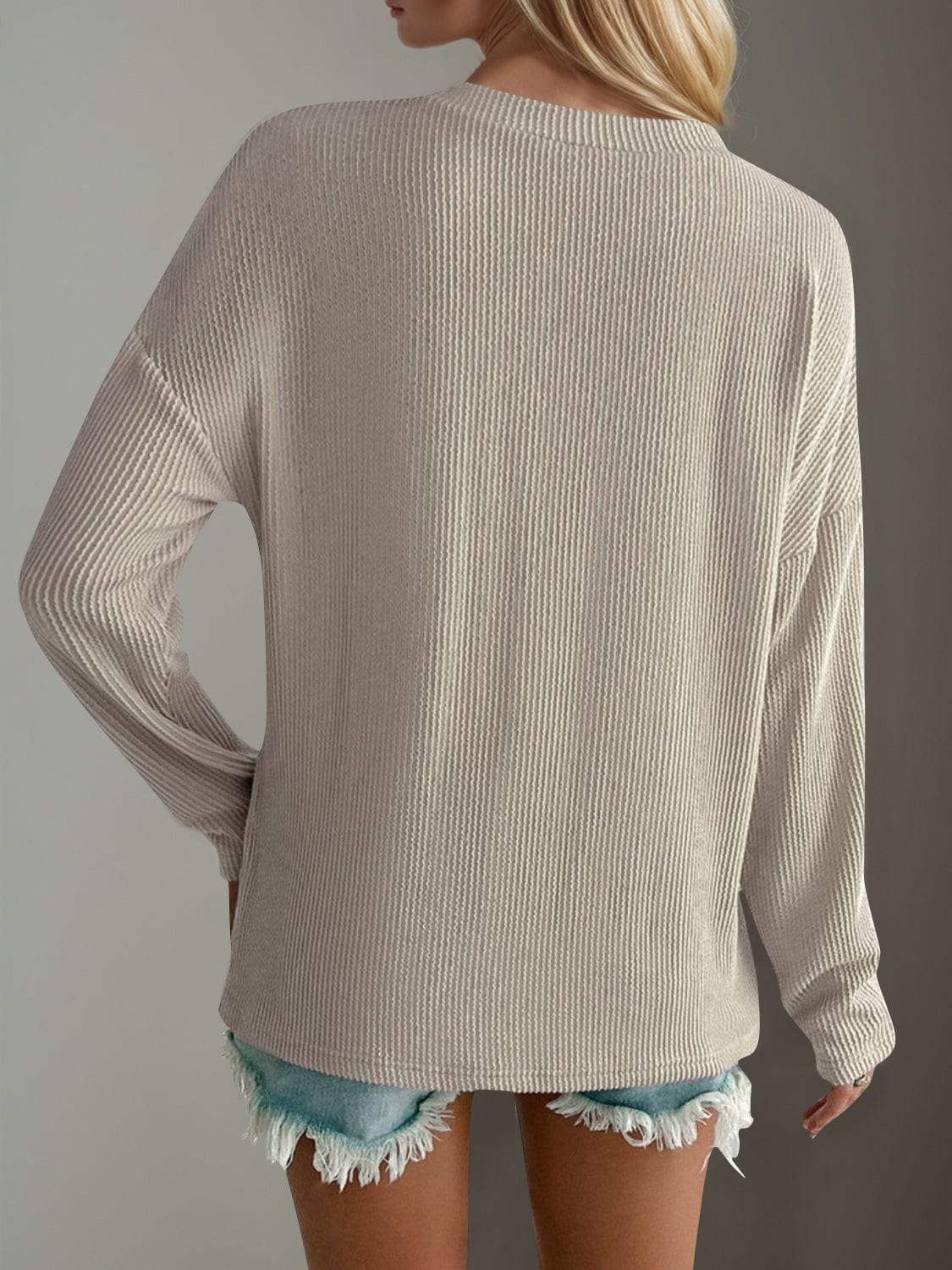Double Take Pocketed Textured V-Neck Long Sleeve T-Shirt - Trendsi - Flyclothing LLC