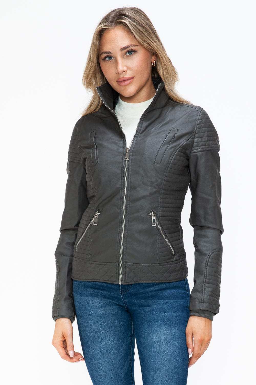 YMI Faux Layered Double-Zipper Jacket with Fuzzy Hood - Trendsi - Flyclothing LLC