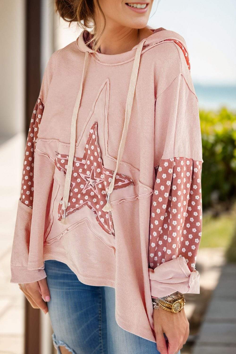 Drawstring Star Long Sleeve Hoodie - Trendsi - Flyclothing LLC