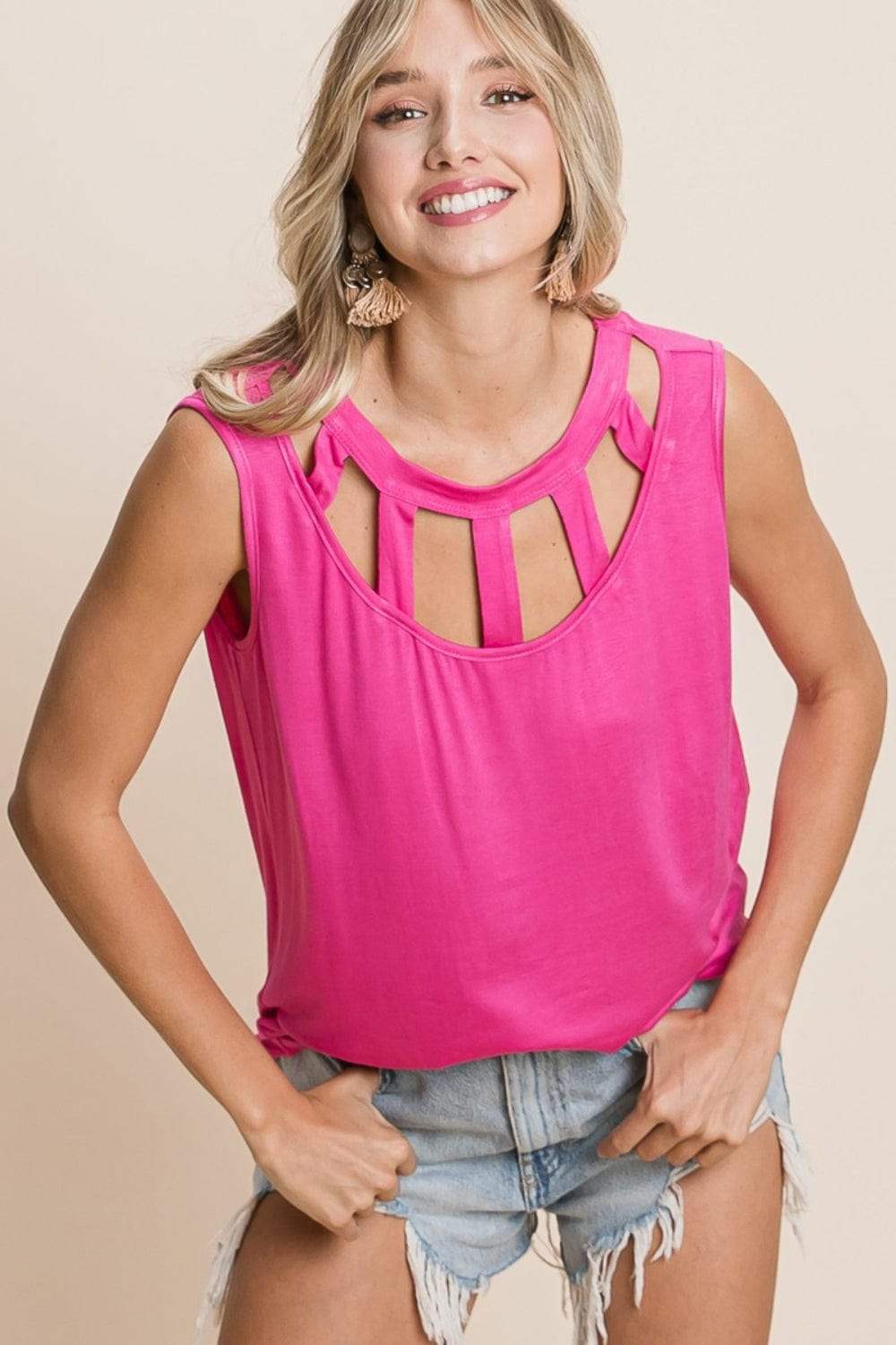 BiBi Cutout Round Neck Sleeveless Top - Trendsi - Flyclothing LLC