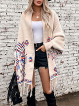 Fringe Geometric Open Front Long Sleeve Cape - Trendsi - Flyclothing LLC