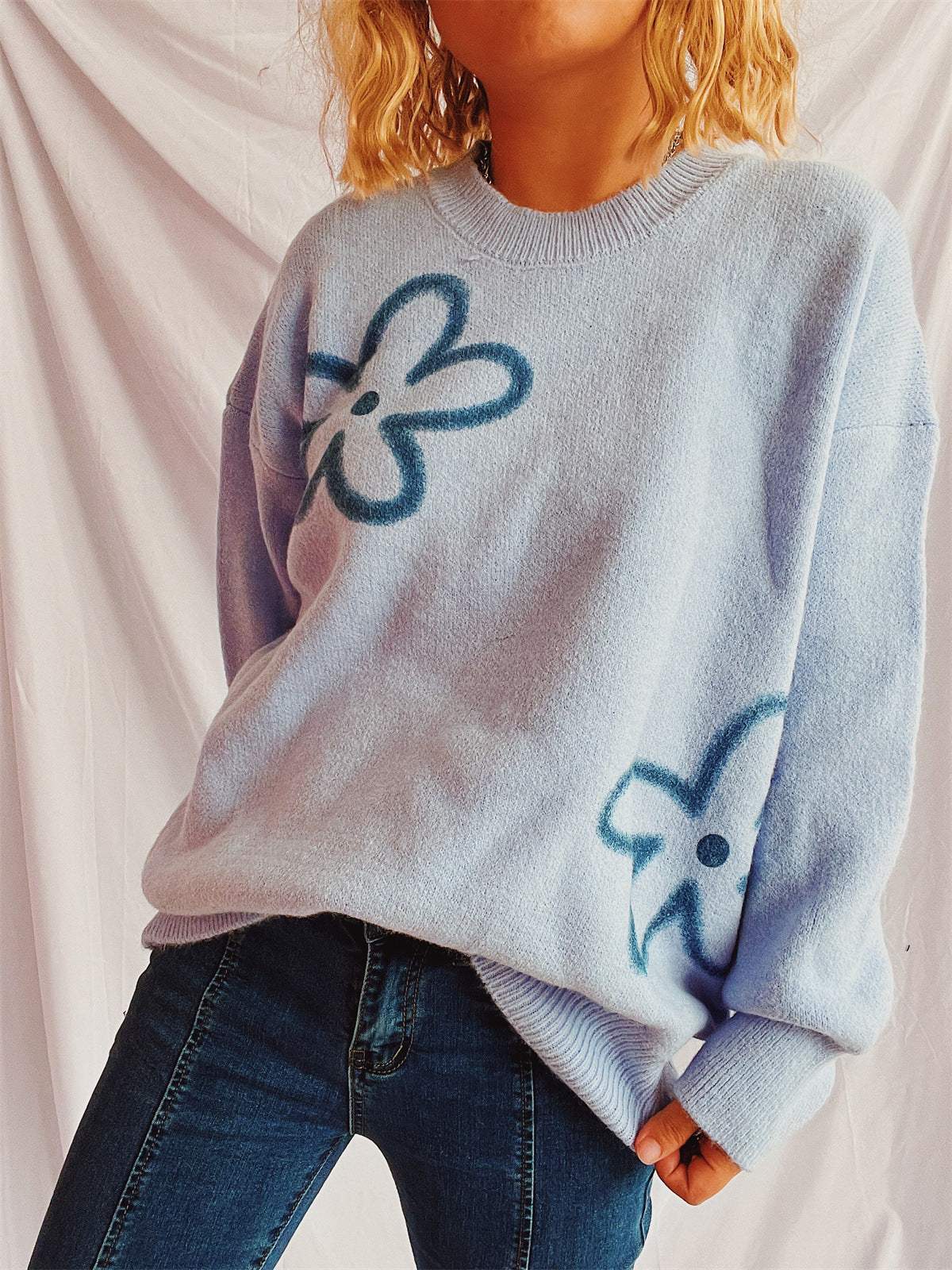 Flower Round Neck Long Sleeve Sweater - Trendsi - Flyclothing LLC