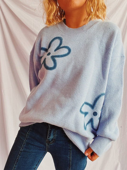 Flower Round Neck Long Sleeve Sweater - Trendsi