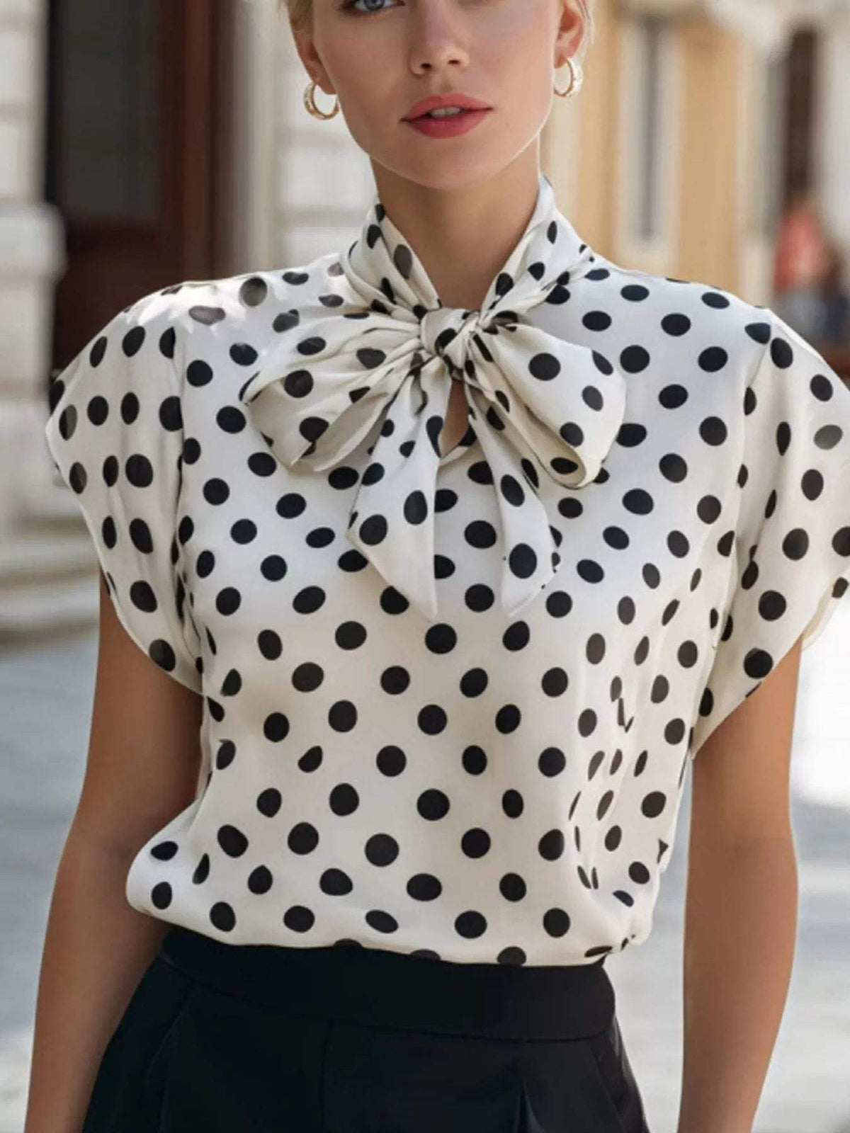 Polka Dot Bow Tie Blouse - Trendsi - Flyclothing LLC