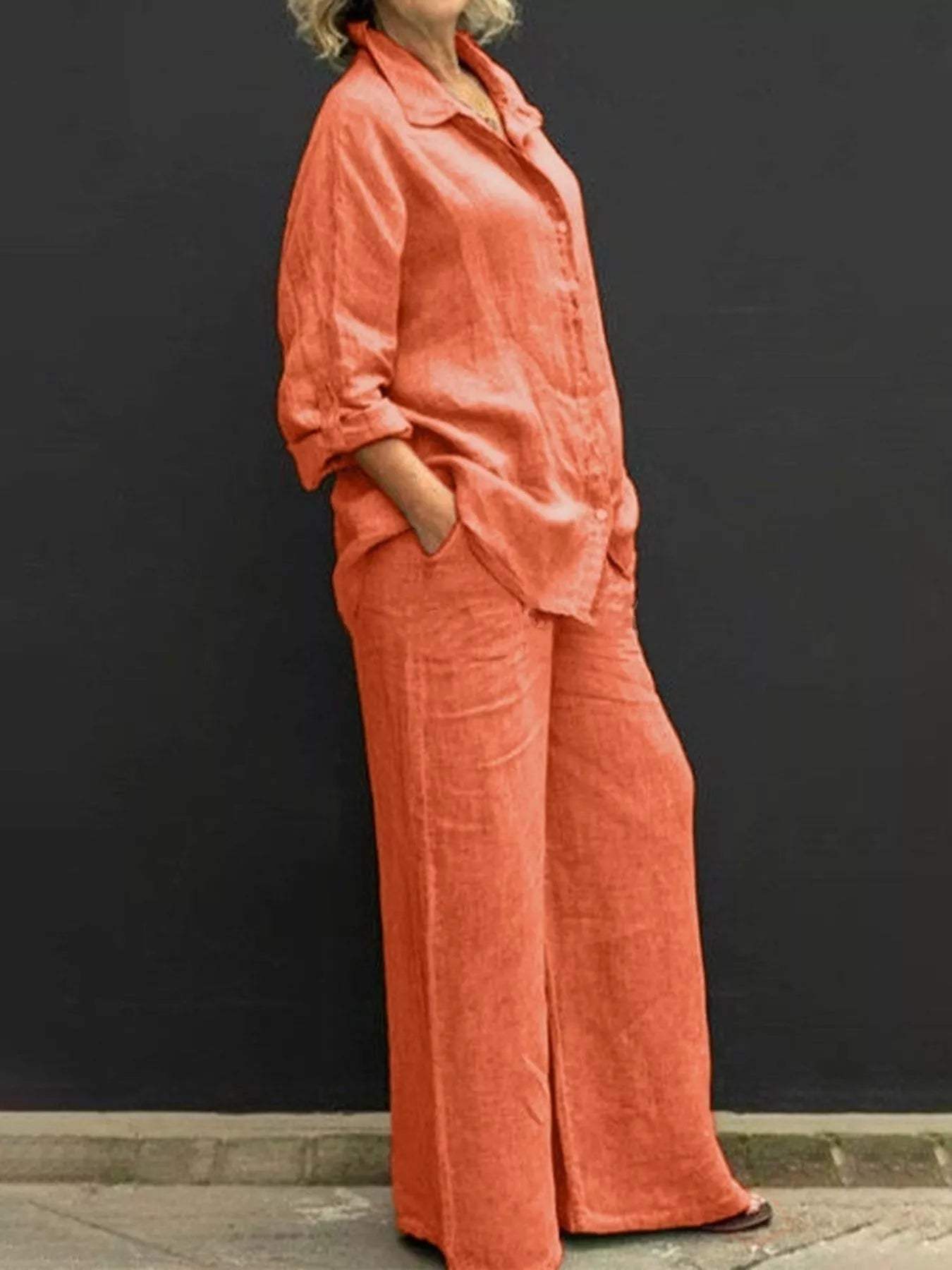 Full Size Long Sleeve Shirt and Pants Set Plus Size - Trendsi - Flyclothing LLC
